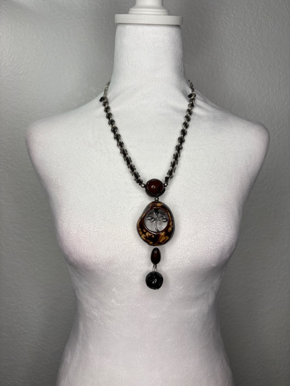 Handmade Columbian Brown Black Dragonfly Statement Necklace Bohemian Earthy